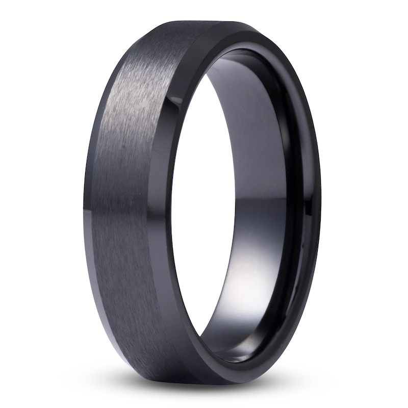 Main Image 2 of Men's Beveled-Edge Matte Wedding Band Black Ceramic 6mm