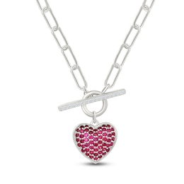 Lab-Created Ruby & White Lab-Created Sapphire Heart Toggle Paperclip Chain Necklace Sterling Silver 18"