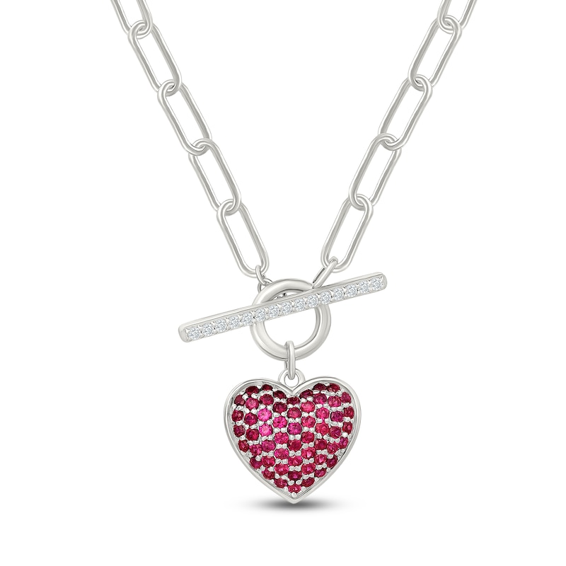 Main Image 1 of Lab-Created Ruby & White Lab-Created Sapphire Heart Toggle Paperclip Chain Necklace Sterling Silver 18"