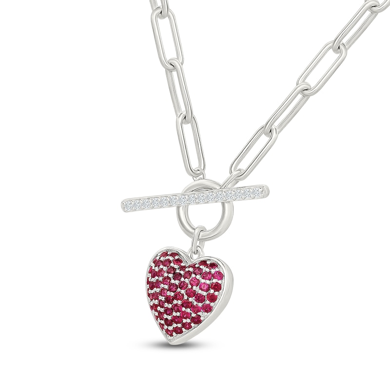 Main Image 2 of Lab-Created Ruby & White Lab-Created Sapphire Heart Toggle Paperclip Chain Necklace Sterling Silver 18"