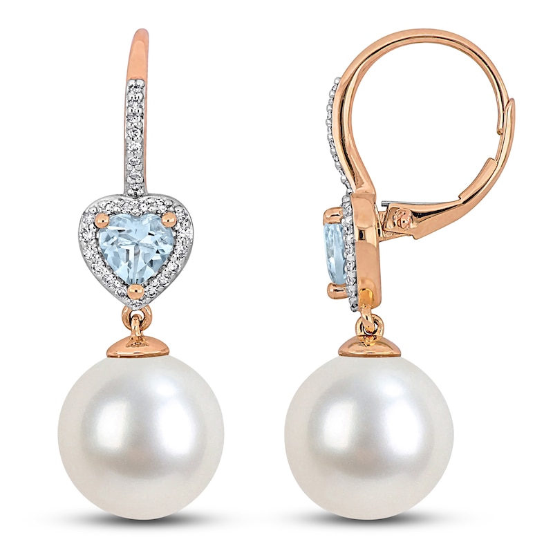 Main Image 1 of Heart-Shaped Natural Aquamarine, Cultured Pearl & Diamond Drop Earrings 1/5 ct tw 10K Rose Gold