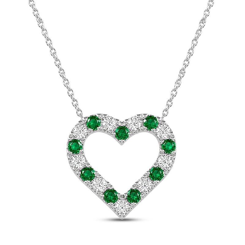 Main Image 1 of Lab-Created Emerald & Lab-Grown Diamond Heart Necklace 3/8 ct tw 10K White Gold 18"