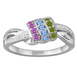 1/15 ct tw Diamond and Birthstone Family & Mother's Ring (1-3 Stones and 2 Lines)