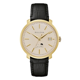 Image of men's gold and tan mechanical movement watch.