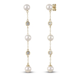 Cultured Pearl & Bezel-Set Lab-Grown Diamond Chain Drop Earrings 3/8 ct tw 14K Yellow Gold