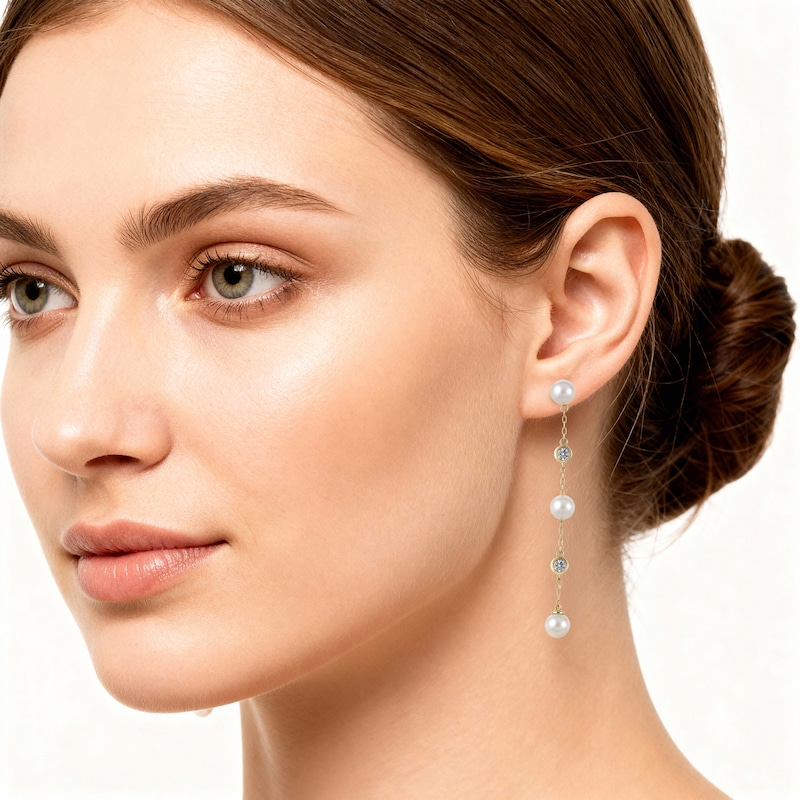 Main Image 2 of Cultured Pearl & Bezel-Set Lab-Grown Diamond Chain Drop Earrings 3/8 ct tw 14K Yellow Gold