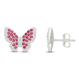 Lab-Created Ruby & White Lab-Created Sapphire Butterfly Stud Earrings Sterling Silver