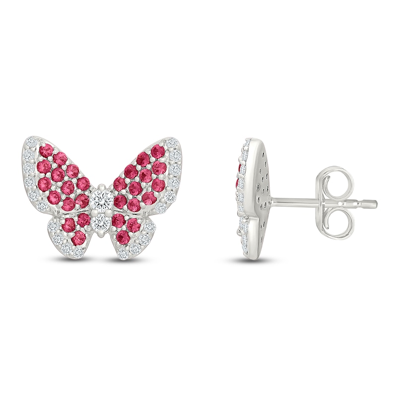 Main Image 1 of Lab-Created Ruby & White Lab-Created Sapphire Butterfly Stud Earrings Sterling Silver