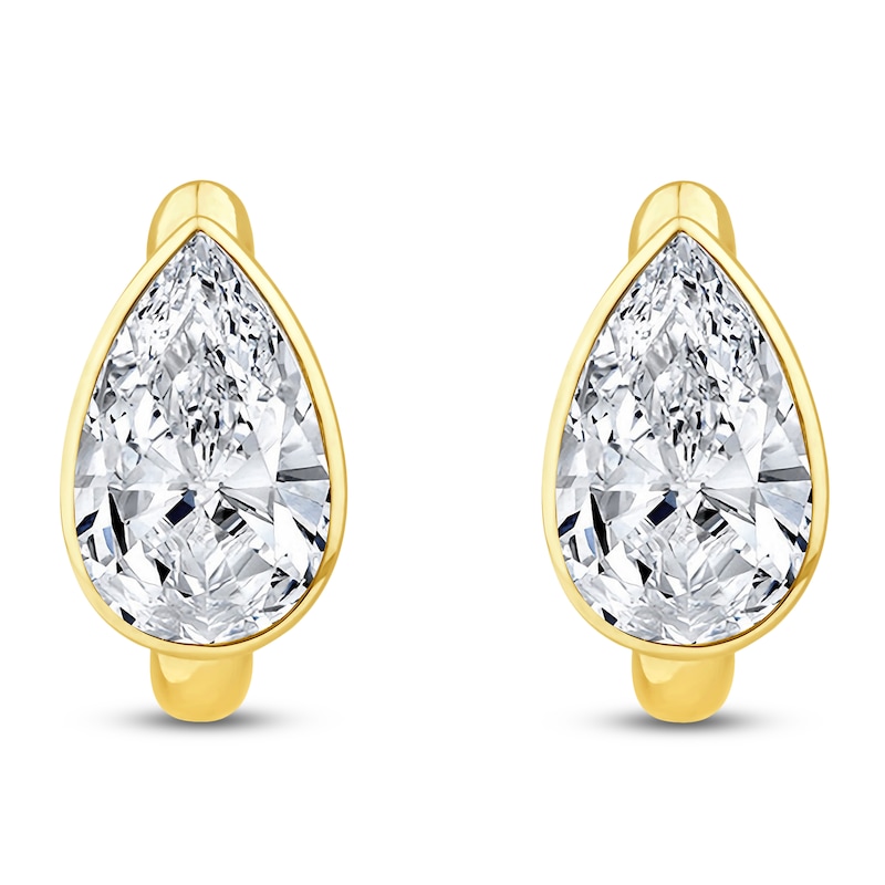 Main Image 1 of Jared Signature Pear-Shaped Lab-Grown Diamond Solitaire Huggie Hoop Earrings 2 ct tw 14K Yellow Gold