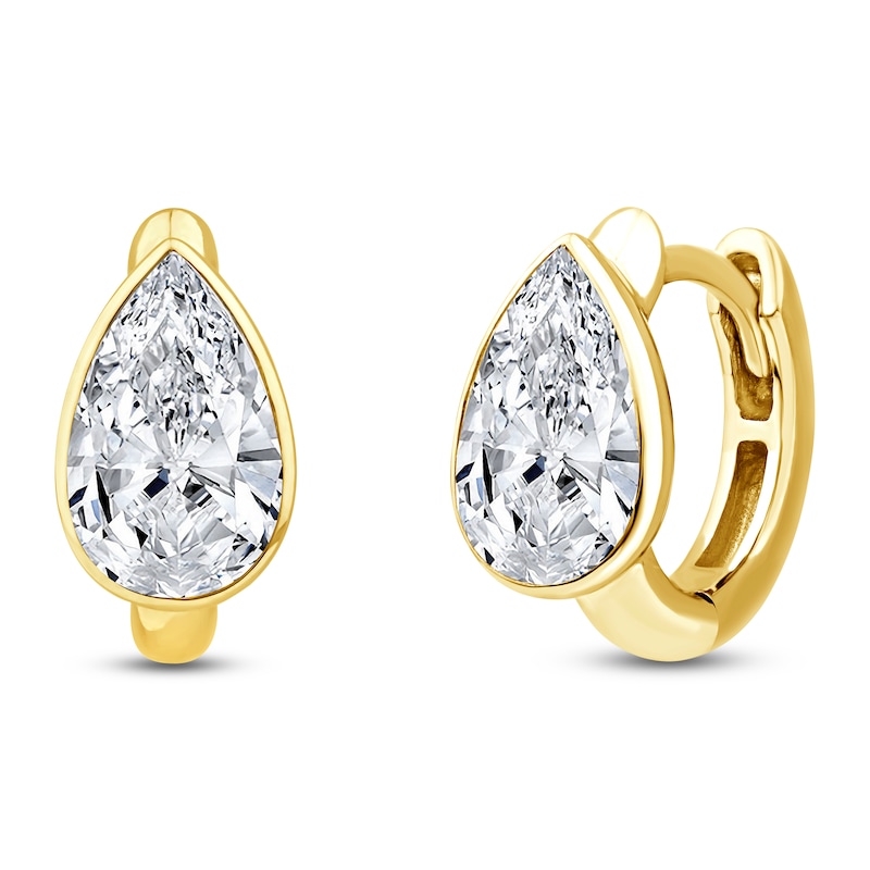 Main Image 2 of Jared Signature Pear-Shaped Lab-Grown Diamond Solitaire Huggie Hoop Earrings 2 ct tw 14K Yellow Gold