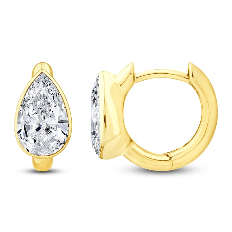 Main Image 3 of Jared Signature Pear-Shaped Lab-Grown Diamond Solitaire Huggie Hoop Earrings 2 ct tw 14K Yellow Gold