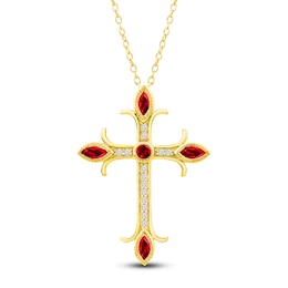 Marquise & Round-Cut Natural Ruby & Diamond Cross Necklace 1/10 ct tw 14K Yellow Gold 18"
