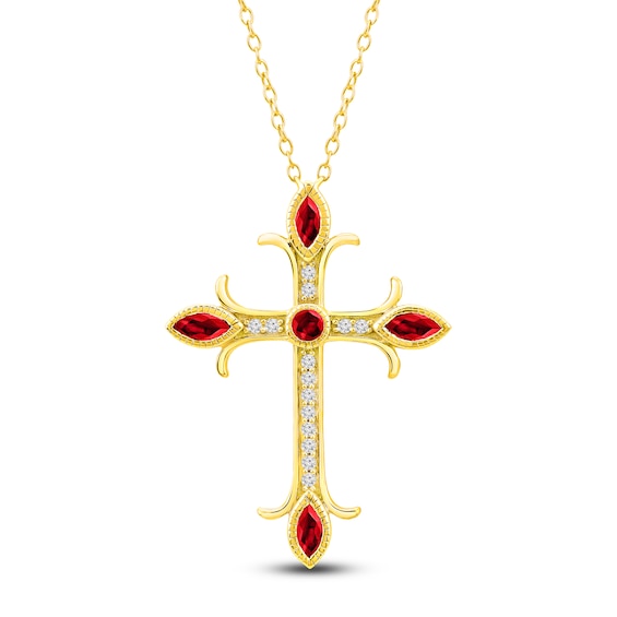 Marquise & Round-Cut Natural Ruby & Diamond Cross Necklace 1/10 ct tw 14K Yellow Gold 18"