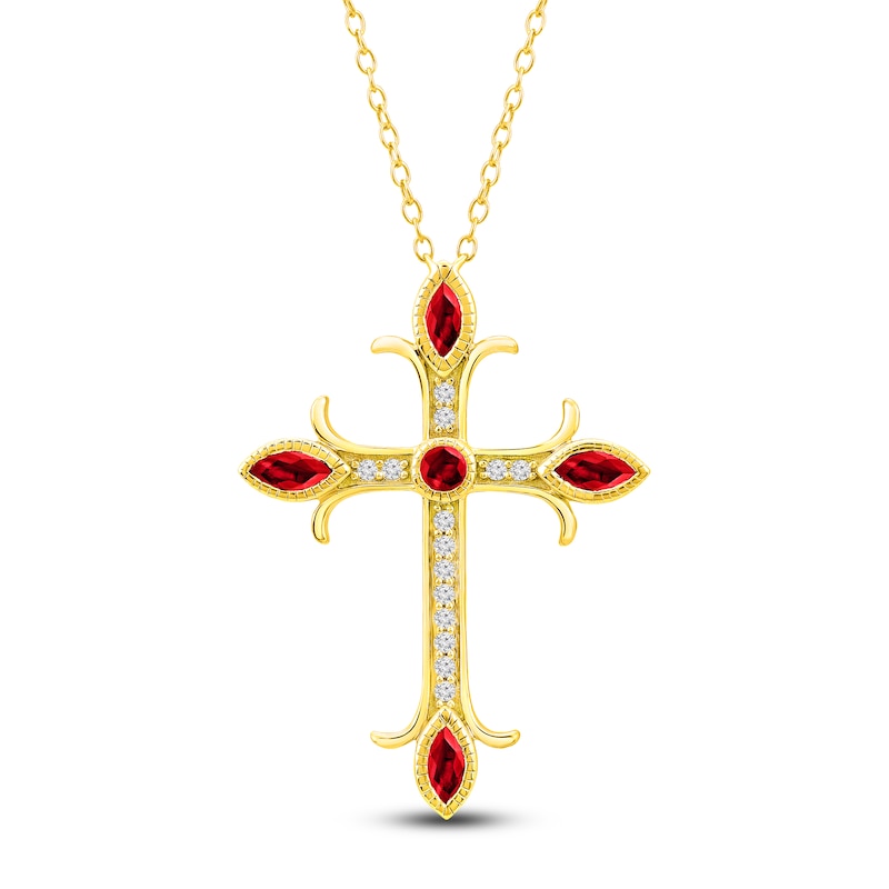 Main Image 1 of Marquise & Round-Cut Natural Ruby & Diamond Cross Necklace 1/10 ct tw 14K Yellow Gold 18"