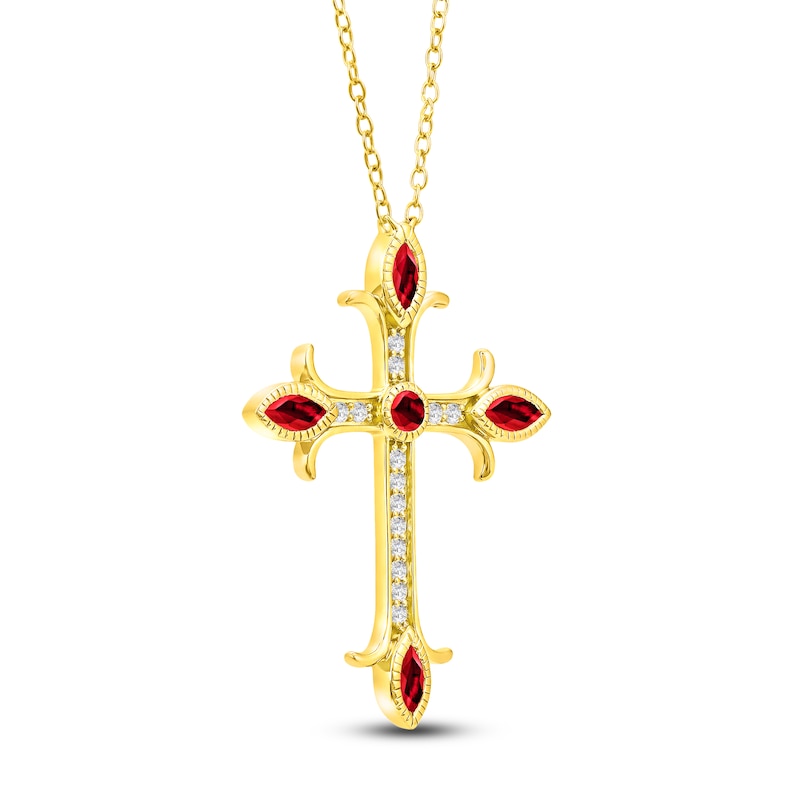 Main Image 2 of Marquise & Round-Cut Natural Ruby & Diamond Cross Necklace 1/10 ct tw 14K Yellow Gold 18"