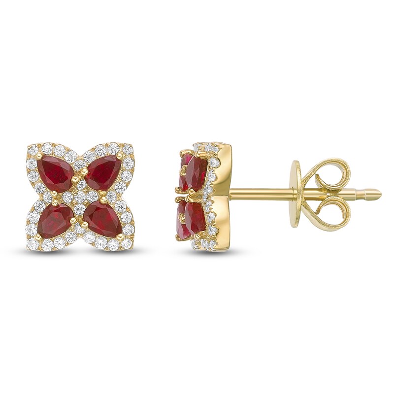 Main Image 1 of Pear-Shaped Natural Ruby & Diamond Flower Stud Earrings 1/4 ct tw 10K Yellow Gold