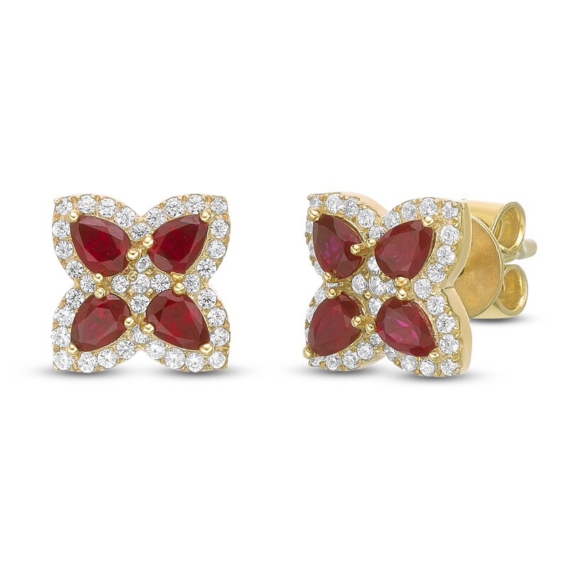 Main Image 2 of Pear-Shaped Natural Ruby & Diamond Flower Stud Earrings 1/4 ct tw 10K Yellow Gold