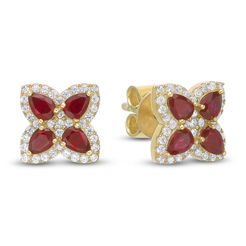 Main Image 3 of Pear-Shaped Natural Ruby & Diamond Flower Stud Earrings 1/4 ct tw 10K Yellow Gold