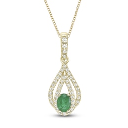 Oval-Cut Natural Emerald & Diamond Teardrop Necklace 1/5 ct tw 10K Yellow Gold 18"
