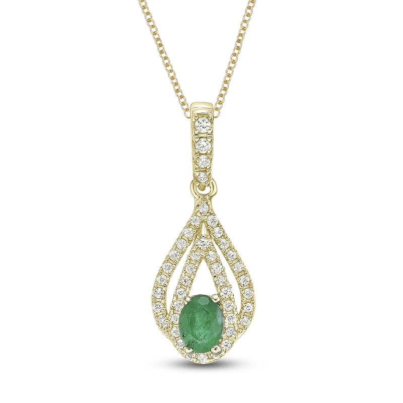 Main Image 1 of Oval-Cut Natural Emerald & Diamond Teardrop Necklace 1/5 ct tw 10K Yellow Gold 18"