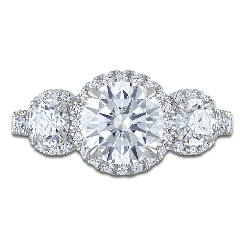 Main Image 3 of Vera Wang VOW Round-Cut Lab-Grown Diamond Three-Stone Halo Engagement Ring 3 ct tw 14K White Gold