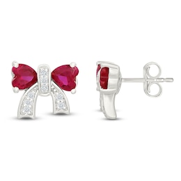 Heart-Shaped Lab-Created Ruby & White Lab-Created Sapphire Bow Stud Earrings Sterling Silver