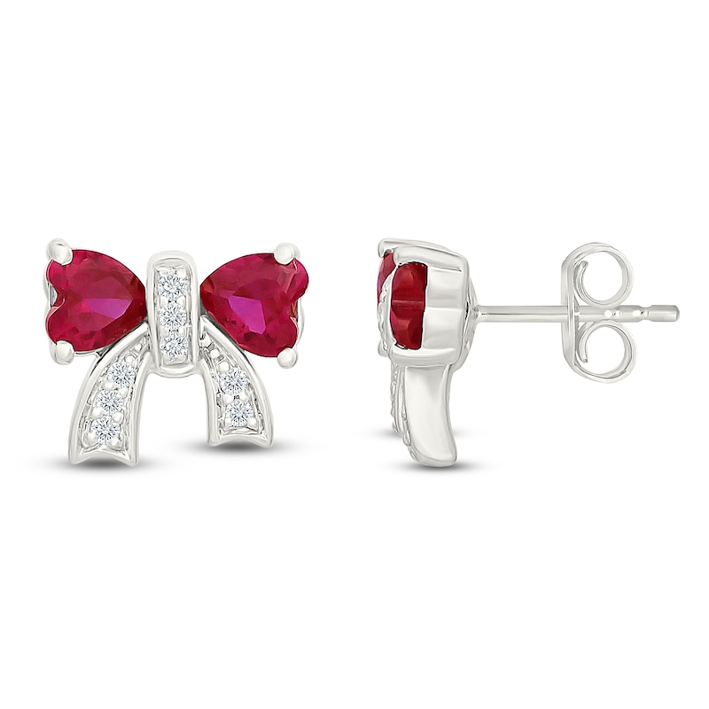 Main Image 1 of Heart-Shaped Lab-Created Ruby & White Lab-Created Sapphire Bow Stud Earrings Sterling Silver