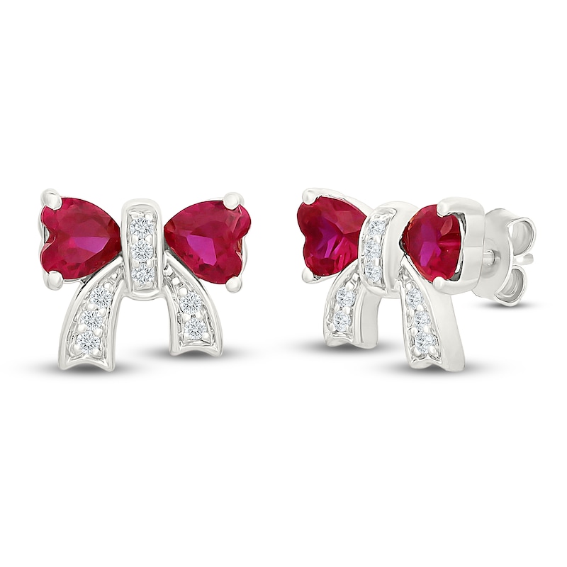 Main Image 2 of Heart-Shaped Lab-Created Ruby & White Lab-Created Sapphire Bow Stud Earrings Sterling Silver