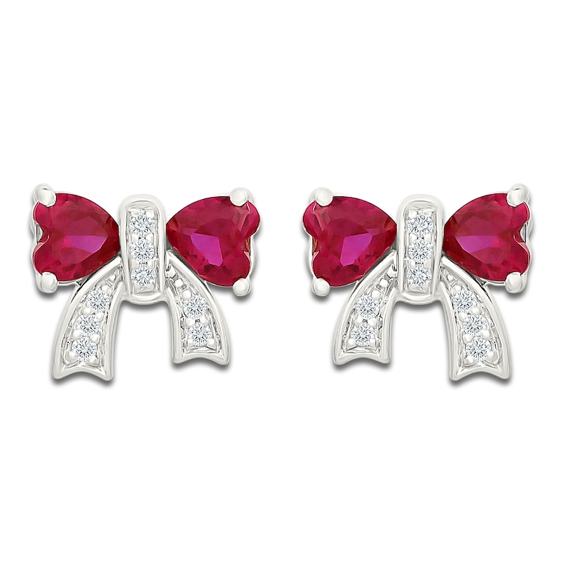 Main Image 3 of Heart-Shaped Lab-Created Ruby & White Lab-Created Sapphire Bow Stud Earrings Sterling Silver