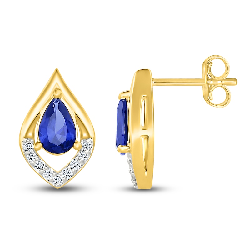 Main Image 1 of Pear-Shaped Blue Lab-Created Sapphire Earrings 1/10 ct tw 10K Yellow Gold