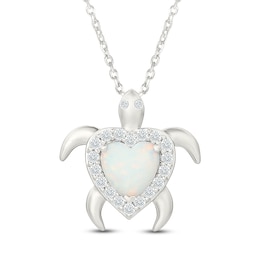 Heart-Shaped Lab-Created Opal & White Lab-Created Sapphire Turtle Necklace Sterling Silver 18"