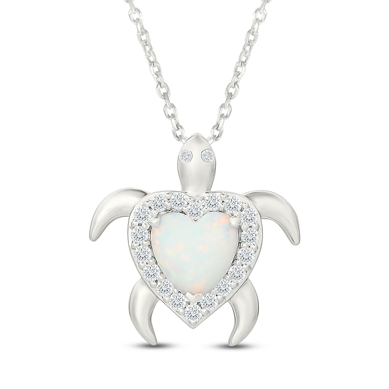 Main Image 1 of Heart-Shaped Lab-Created Opal & White Lab-Created Sapphire Turtle Necklace Sterling Silver 18"