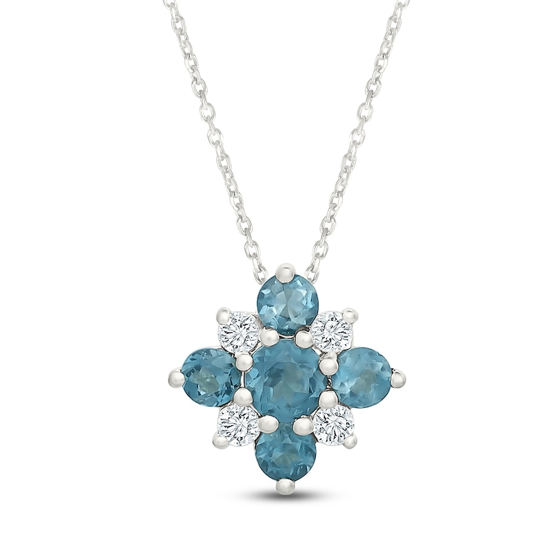Main Image 1 of Natural London Blue Topaz & Diamond Cluster Necklace 1/5 ct tw 10K White Gold 18"