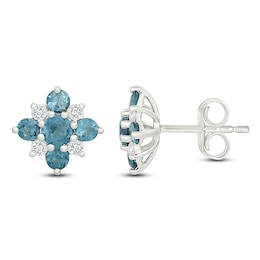 Natural London Blue Topaz & Diamond Cluster Stud Earrings 1/6 ct tw 10K White Gold