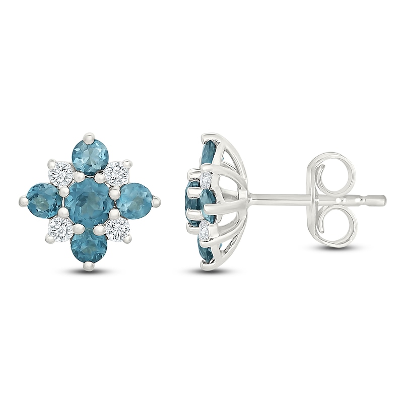 Main Image 1 of Natural London Blue Topaz & Diamond Cluster Stud Earrings 1/6 ct tw 10K White Gold