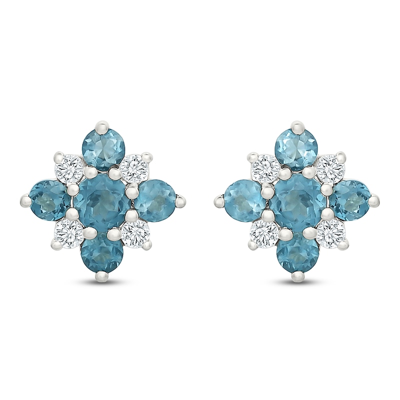 Main Image 3 of Natural London Blue Topaz & Diamond Cluster Stud Earrings 1/6 ct tw 10K White Gold