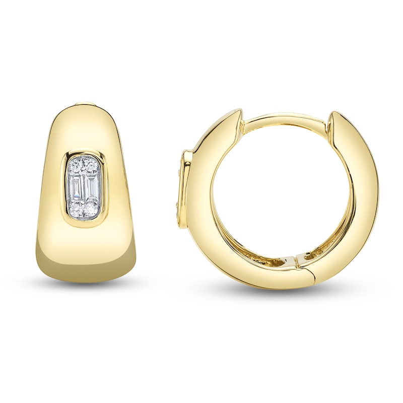 Main Image 1 of Shy Creation Baguette & Round-Cut Huggie Hoop Earrings 1/15 ct tw 14K Yellow Gold SC55028020RD