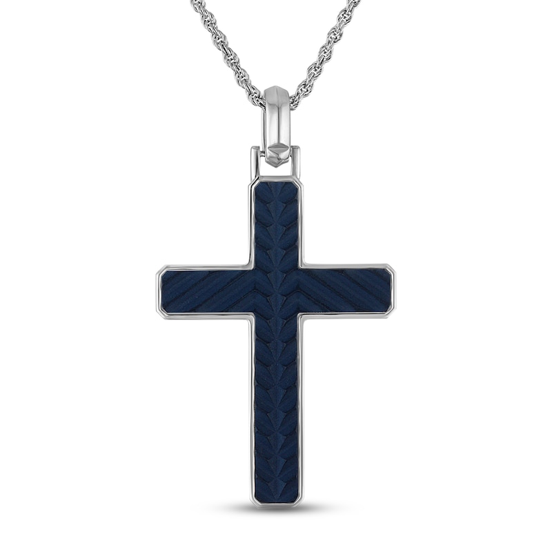 Main Image 1 of 1933 by Esquire Men's Cross Necklace Sterling Silver & Blue Ion-Plated Titanium 22"