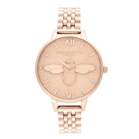 Olivia Burton Watch With 34mm RoseGold Glittery Face with RoseGold 3DBee Lucky Bee 34mm Grey & Rose Gold Mesh Watch | Olivia Burton  main image 2