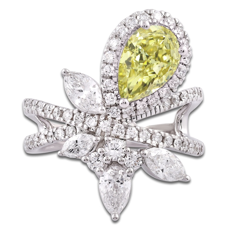 Main Image 3 of Pear-Shaped Yellow Lab-Grown Diamond & White Lab-Grown Diamond Fashion Ring 3 ct tw 14K White Gold