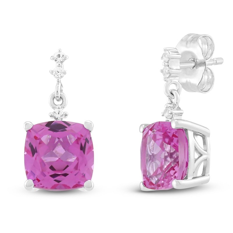 Main Image 2 of Cushion-Cut Pink & White Lab-Created Sapphire Drop Earrings Sterling Silver