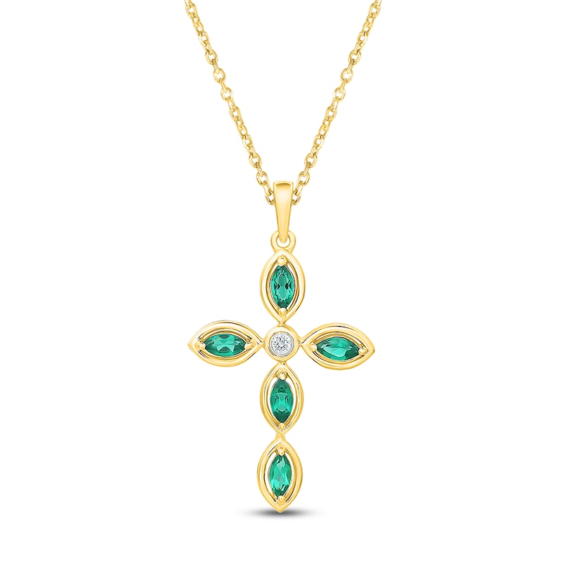 Main Image 1 of Marquise-Cut Lab-Created Emerald & Diamond Accent Cross Necklace 10K Yellow Gold 18"