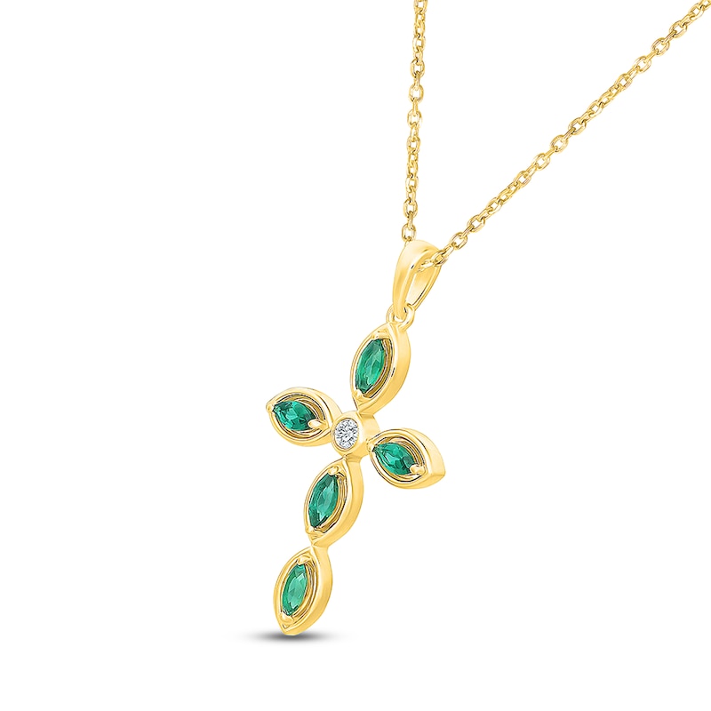 Main Image 2 of Marquise-Cut Lab-Created Emerald & Diamond Accent Cross Necklace 10K Yellow Gold 18"
