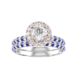 Diamond and Sapphire Bridal Ring 3/4 ct tw 10K Rose and White Gold and Diamond and Sapphire Wedding Band 1/6 ct
