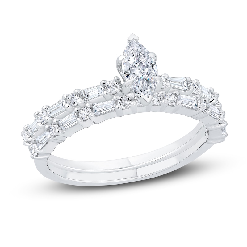 Diamond Engagement Ring 7/8 ct tw Marquise/Baguette /Round 14K White Gold
