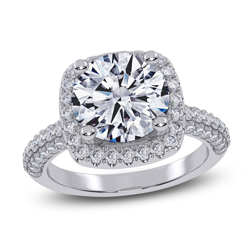 Main Image 1 of Round-Cut Lab-Grown Diamond Cushion Halo Engagement Ring 3-1/4 ct tw 14K White Gold