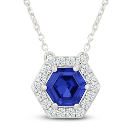 Hexagon-Cut Blue & White Lab-Created Sapphire Halo Necklace Sterling Silver 18"