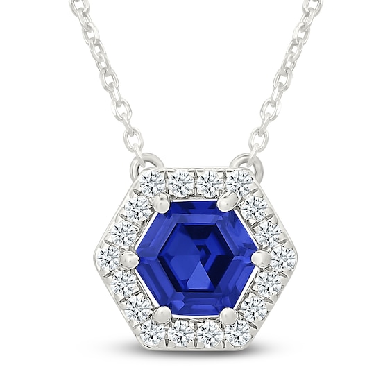 Hexagon-Cut Blue & White Lab-Created Sapphire Halo Necklace Sterling Silver 18"
