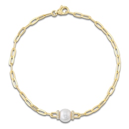 Shy Creation Cultured Pearl & Diamond Paperclip Chain Bracelet 1/20 ct tw 14K Yellow Gold 7"