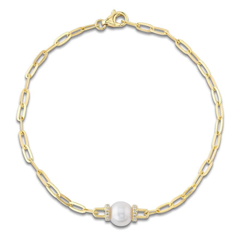 Main Image 1 of Shy Creation Cultured Pearl & Diamond Paperclip Chain Bracelet 1/20 ct tw 14K Yellow Gold 7"